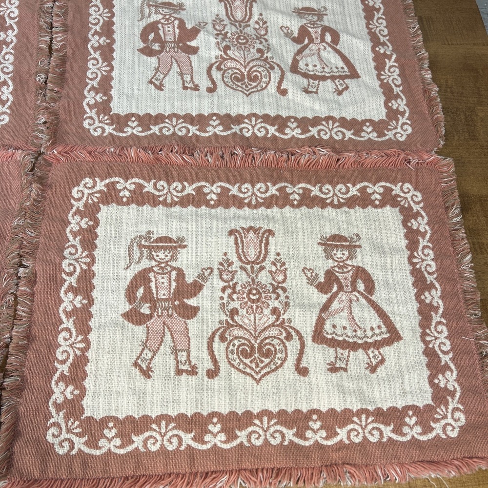 Vintage‎ Set Of 4 Austrian Placemats Pink Fringe Woven Folk Art Cotton/Linen - Picture 7 of 15